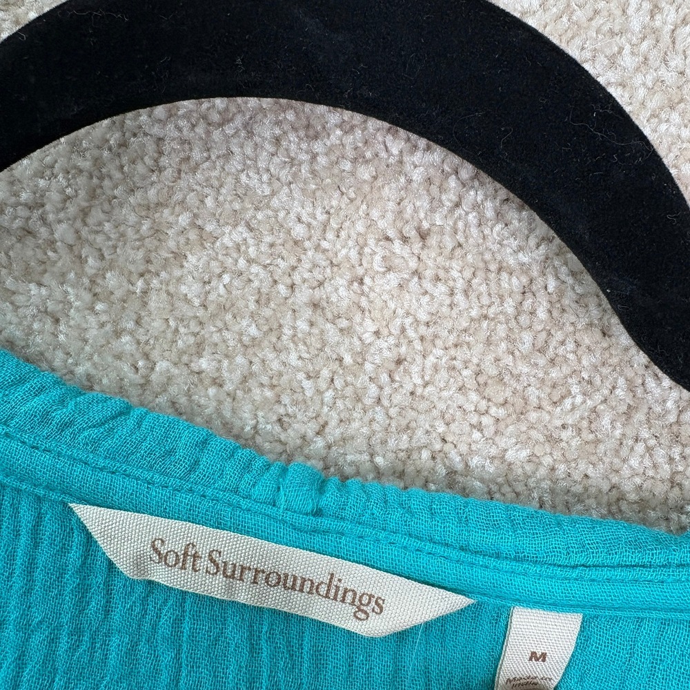 SOFT SURROUNDINGS Gauze Cotton Hoodie Women's Medium Teal Blue Half Zip Pullover - Picture 5 of 7